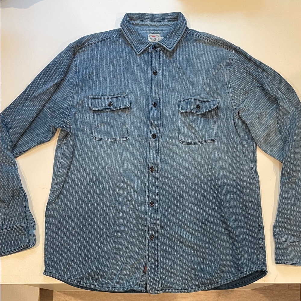 Men’s Faherty Indigo Dyed Knit Dobby 100% Cotton Button Down - Size XL